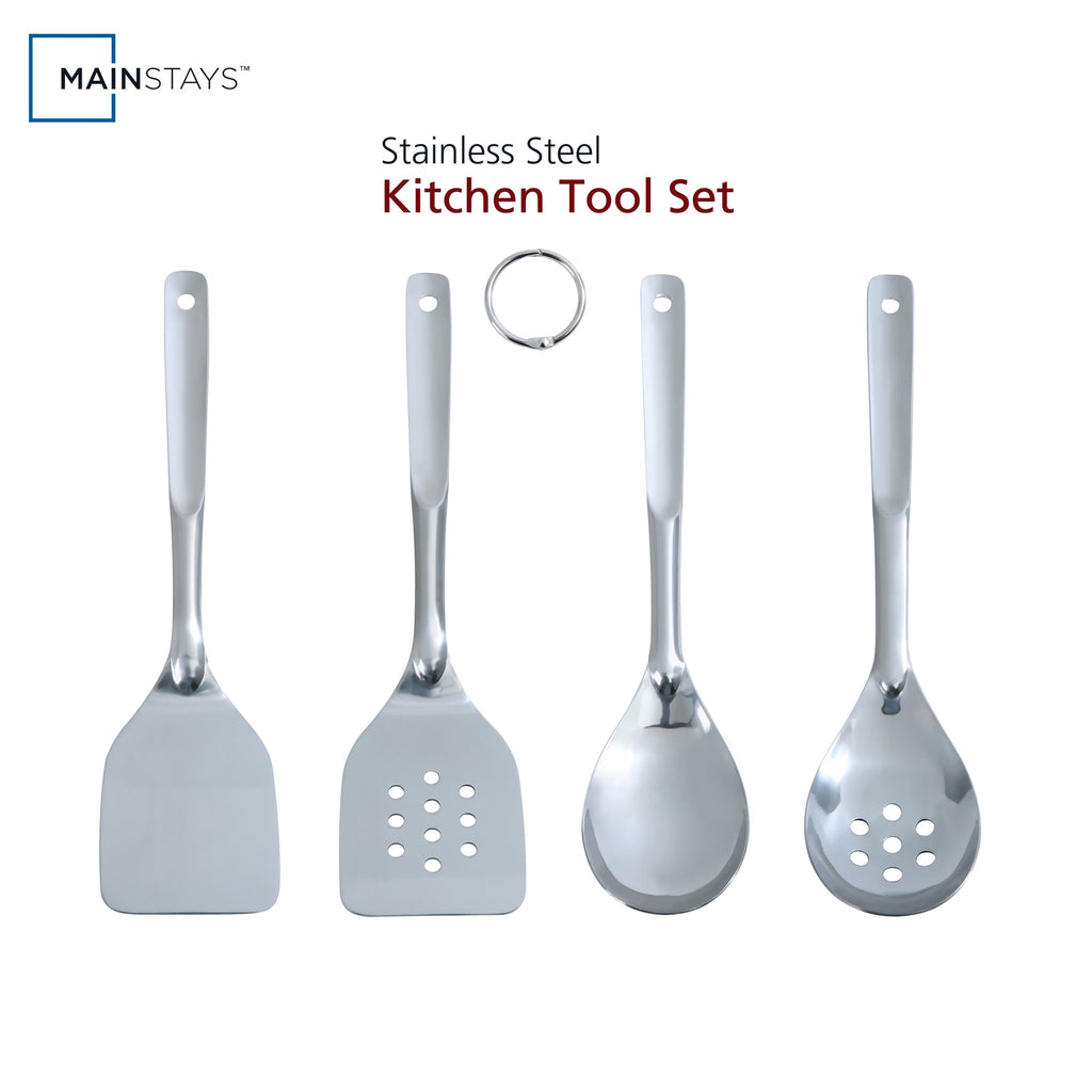 Mainstays Stainless Steel 4-Piece Utensil Set: Includes Spatula, Slotted Spatula, Spoon, and Slotted Spoon